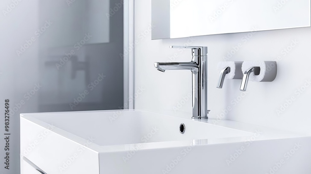 Floating vanity with built-in towel hooks and chrome faucet, minimalist bathroom fixtures, modern functionality Floating vanity with built-in towel hooks and chrome faucet, minimalist bathroom fixtures, modern functionality