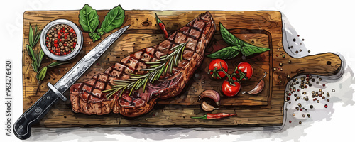 Sketch hand drawn grilled steak on wooden board with cleaver knife and spices. vector simple illustration