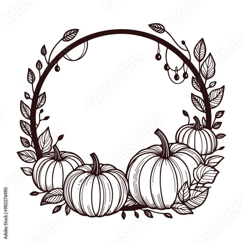 autumn pumpkins circle frame vintage sketch