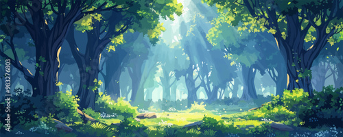 A mystical forest illuminated by shafts of sunlight, with ancient trees standing sentinel over the lush undergrowth. Digital art style vector flat minimalistic isolated illustration.