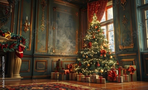 Wallpaper Mural interior christmas. magic glowing tree, fireplace, gifts in dark Torontodigital.ca