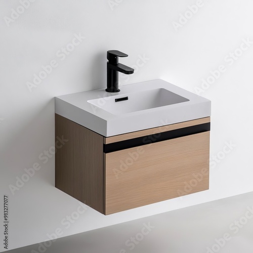 Floating vanity with integrated sink and minimalist matte black faucet, minimalist bathroom fixtures, sleek functionality photo