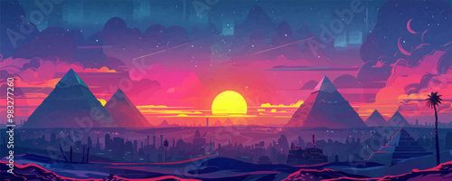 Futuristic landscape with views of the pyramids and the city. vector simple illustration
