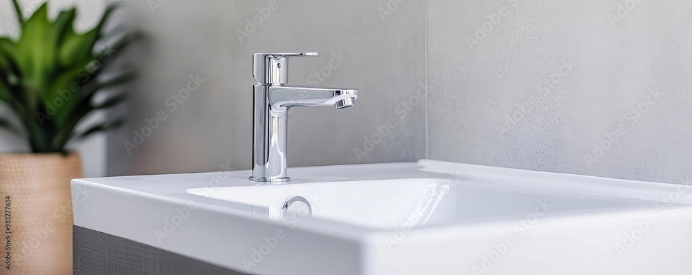 Fototapeta premium Floating vanity with integrated chrome faucet and seamless design, minimalist bathroom fixtures, sleek functionality