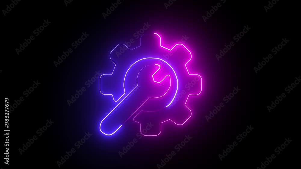 Glowing neon line setting icon with spinning gears icon animated. Technology setting icon concept. Repair service icon. neon line gear and networking system Glowing neon line setting icon with spinning gears icon animated. Technology setting icon concept. Repair service icon. neon line gear and networking system