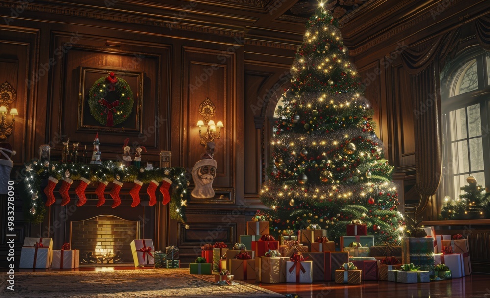 interior christmas. magic glowing tree, fireplace, gifts in dark interior christmas. magic glowing tree, fireplace, gifts in dark