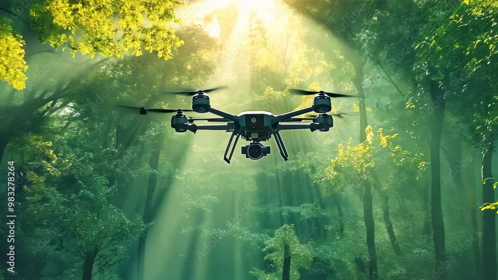 A drone hovers in a dense forest, bathed in sunlight filtering through the trees. It captures the lush green surroundings and the ethereal light rays breaking through the foliage, creating a serene A drone hovers in a dense forest, bathed in sunlight filtering through the trees. It captures the lush green surroundings and the ethereal light rays breaking through the foliage, creating a serene