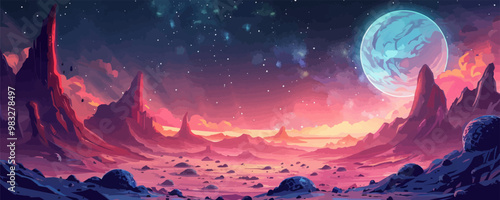 Fantastic game background with alien planet Colorful cartoon vector