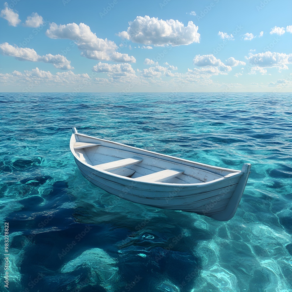 Naklejka premium Tranquil Boat Drifting in the Crystal Waters of a Blue Sea photo