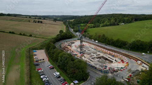 Construction site of hs2 high speed railway line advancing through english countryside