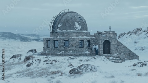 A stone observatory in a remote snowy location, using its thick insulated walls to protect delicate astronomical equipment and researchers from the cold