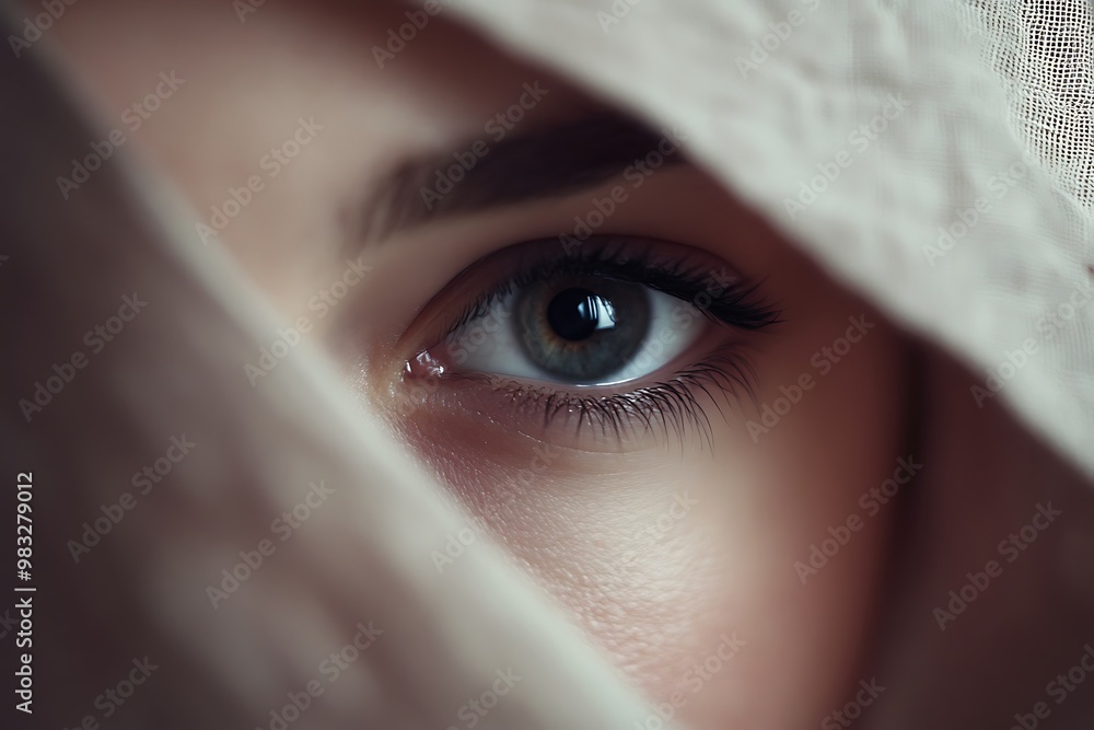 Close up of a woman's eye peeking out from under a hood Close up of a woman's eye peeking out from under a hood