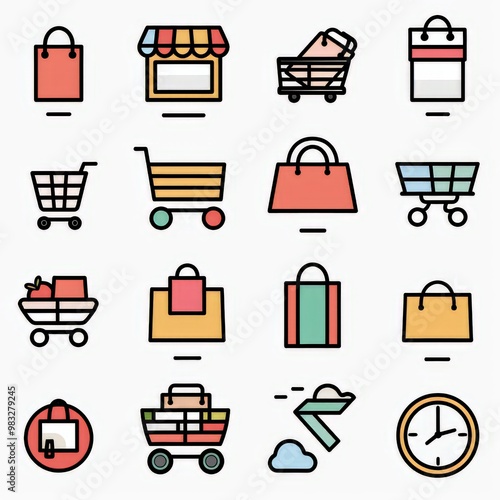 Professional And Minimalist Icons, Shopping Set, Lineal color, Line art, flat, 2d, black and white, white background stylize 50 photo