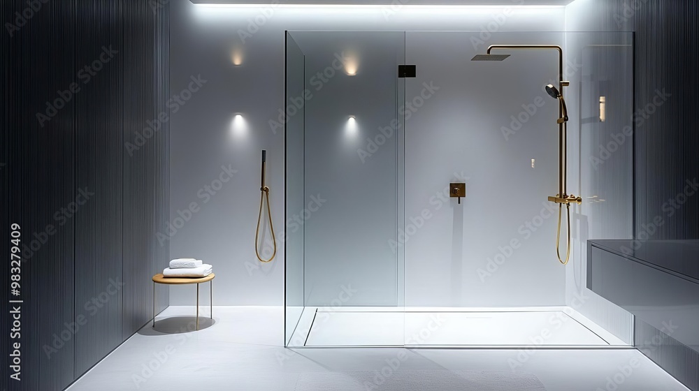 Frameless glass shower with minimalist brass fixtures, minimalist bathroom fixtures, modern sleek elegance Frameless glass shower with minimalist brass fixtures, minimalist bathroom fixtures, modern sleek elegance