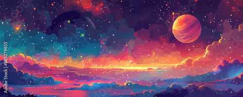 Abstract space journey, with bright stars and galaxies in the background. Vector flat minimalistic isolated illustration in digital art style.
