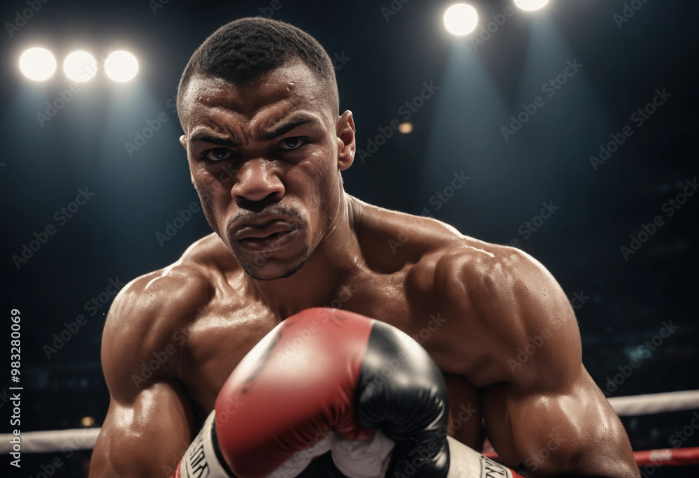 Intense Moment of a Boxer in Action Under Spotlight Intense Moment of a Boxer in Action Under Spotlight