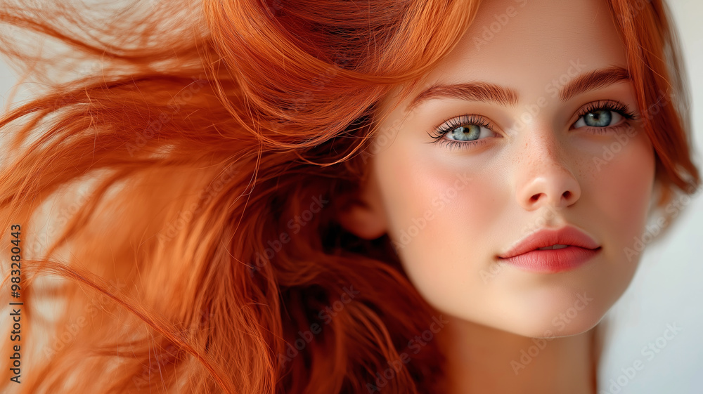 A close-up portrait of a woman with flowing red hair, showcasing her striking features and captivating blue eyes. A close-up portrait of a woman with flowing red hair, showcasing her striking features and captivating blue eyes.
