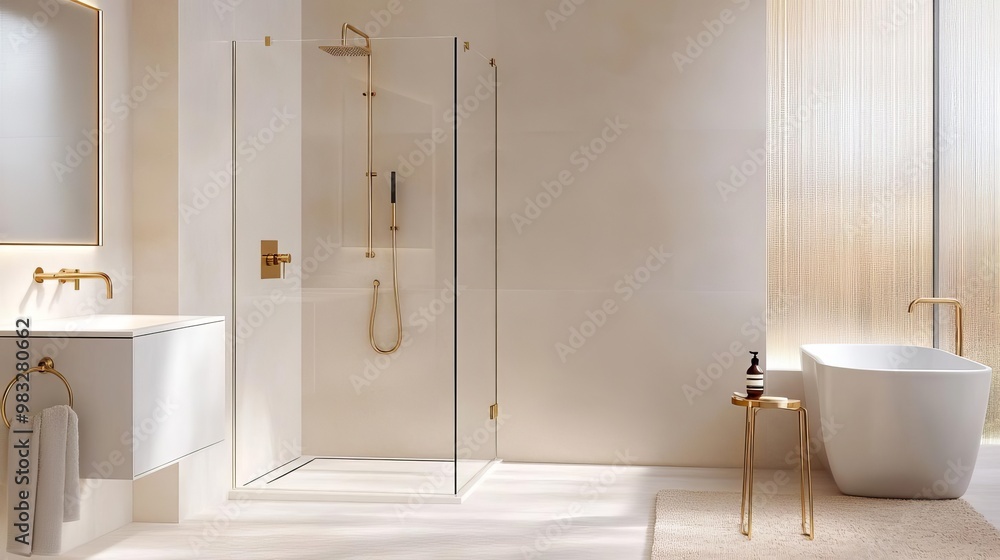 Frameless glass shower with simple brass fixtures, minimalist bathroom design, minimalist bathroom fixtures, sleek elegance Frameless glass shower with simple brass fixtures, minimalist bathroom design, minimalist bathroom fixtures, sleek elegance