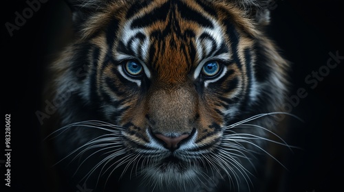 A close-up portrait of a tiger with striking blue eyes and detailed fur patterns against a dark background