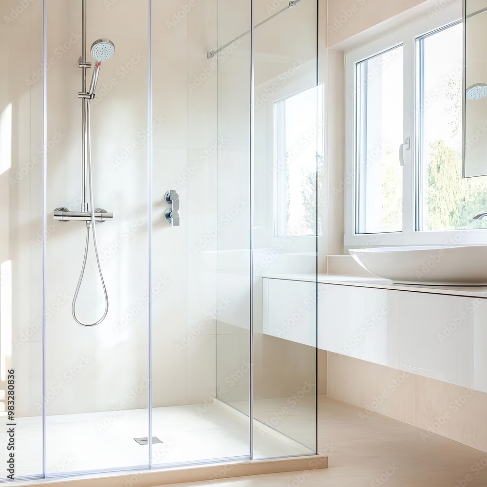 Obraz premium Frameless glass shower with simple chrome fixtures, minimalist bathroom fixtures, sleek modern look
