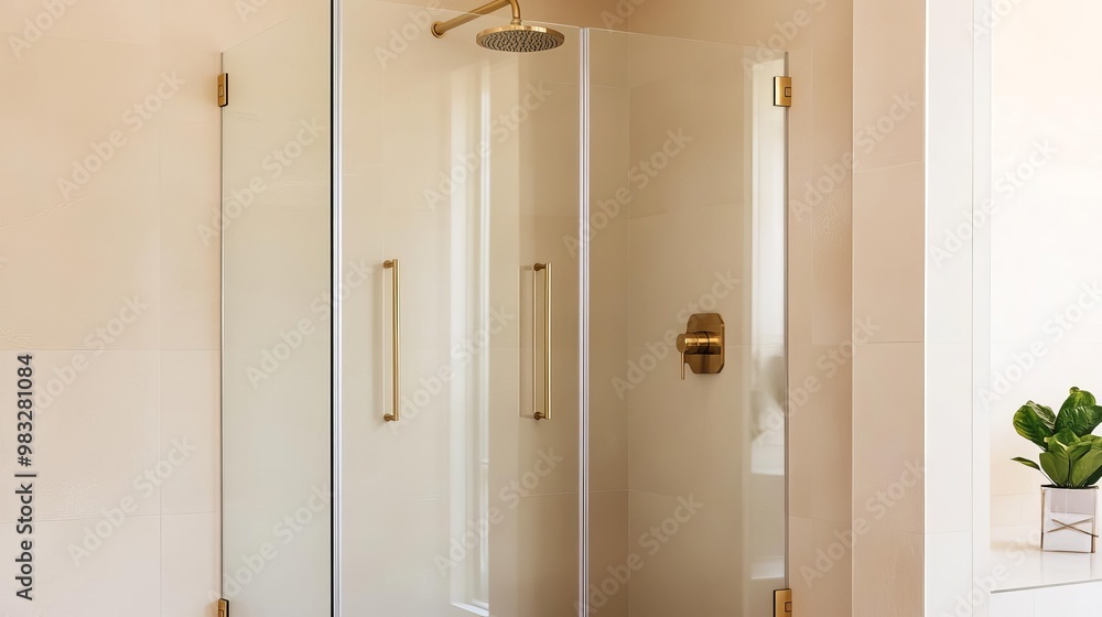 Obraz premium Frameless glass shower with brass fixtures and soft lighting, minimalist bathroom fixtures, modern luxury