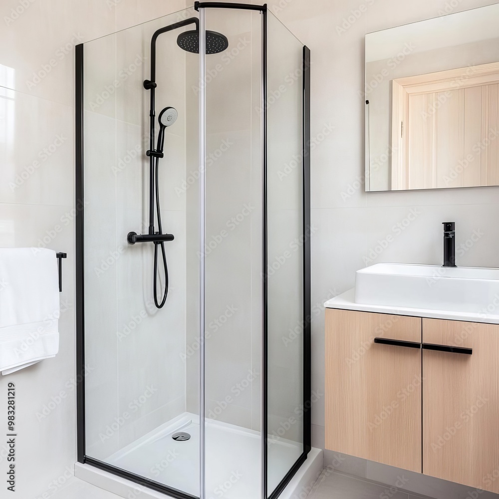 Frameless glass shower with matte black hardware and minimalist controls, minimalist bathroom fixtures, modern bold contrast Frameless glass shower with matte black hardware and minimalist controls, minimalist bathroom fixtures, modern bold contrast