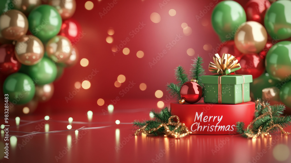 Naklejka premium A glossy red podium with green and gold balloons, a wrapped gift box with mistletoe decorations, and twinkling lights for a joyful
