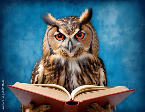 Wallpaper Mural Wisdom and education concept image with a wise owl reading a book on blue background with copy space Torontodigital.ca