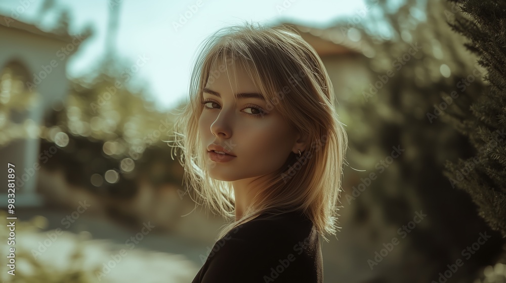Young woman with long hair gazes thoughtfully outdoors in a serene setting during golden hour Young woman with long hair gazes thoughtfully outdoors in a serene setting during golden hour