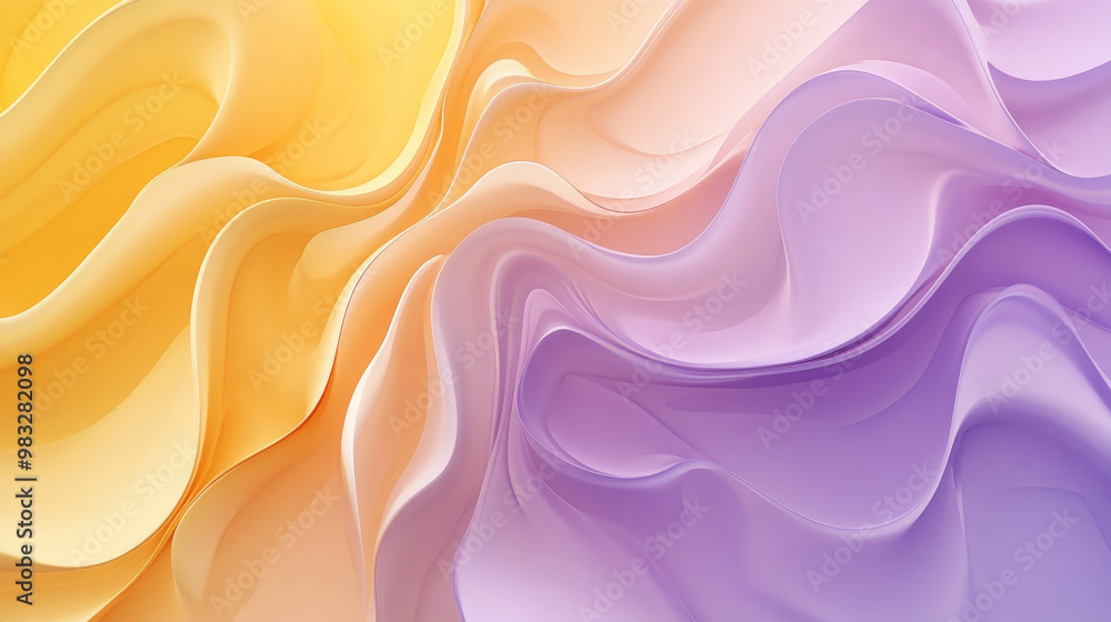 Obraz premium Soft liquid gradient waves in pale yellow and lavender, curving fluidly through geometric elements to create a modern abstract design.