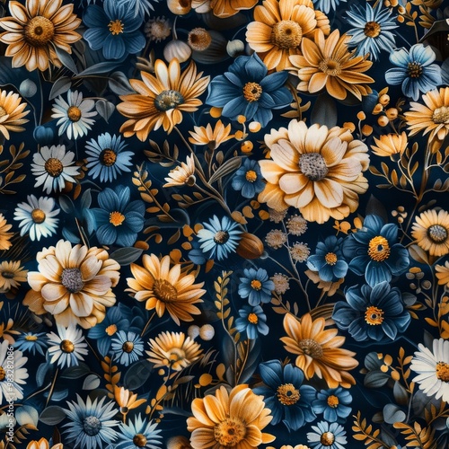 A vibrant display of various flowers, including daisies and other blooms, in shades of blue and orange, set against a deep, dark background, creating a striking visual contrast.