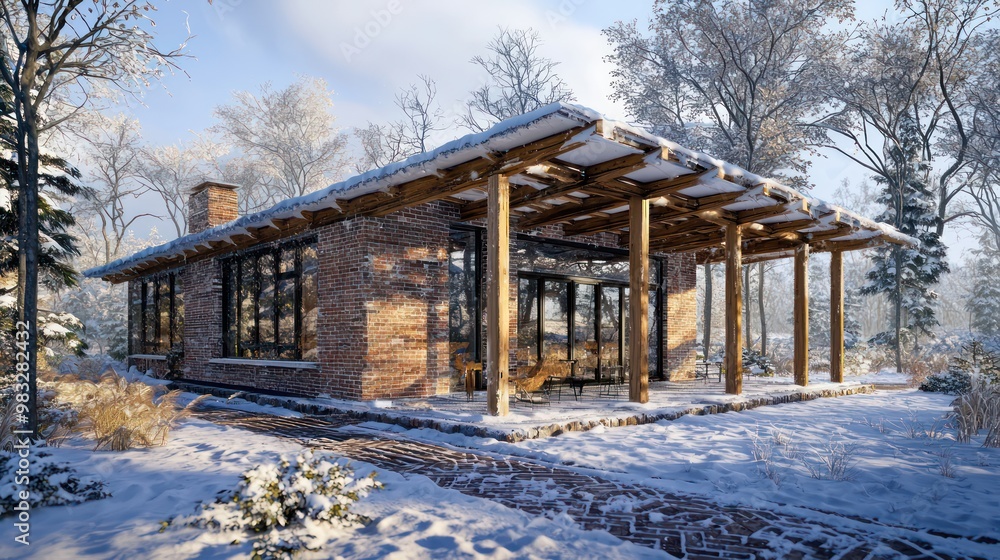 A sustainable home with brick and wooden beams, located in a snowy forest, exemplifying a blend of traditional and modern insulation methods A sustainable home with brick and wooden beams, located in a snowy forest, exemplifying a blend of traditional and modern insulation methods