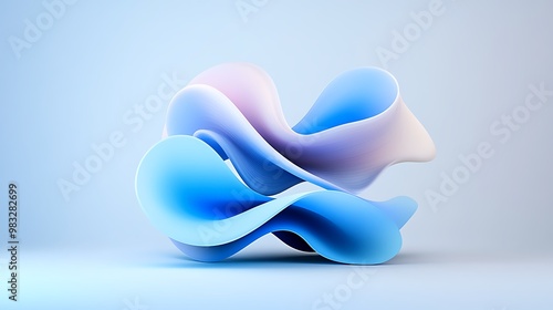 A smooth, abstract sculpture featuring flowing curves in soft shades of blue and pink against a light background.