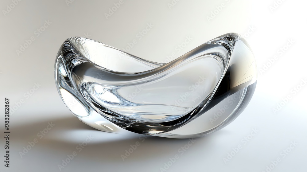 A close-up of a modern, clear glass bowl with a wavy, organic design.