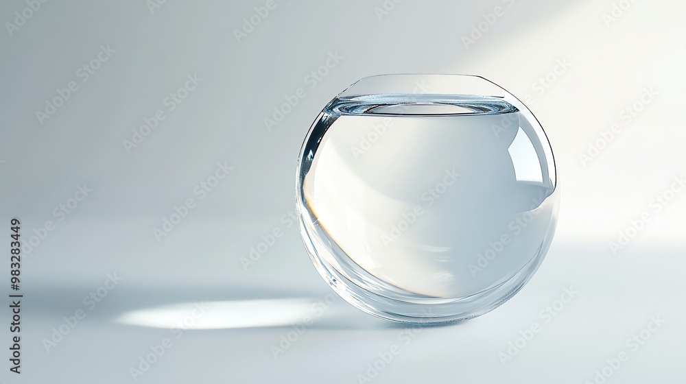 A clear, round glass bowl with water, illuminated by a beam of light, on a light background. A clear, round glass bowl with water, illuminated by a beam of light, on a light background.