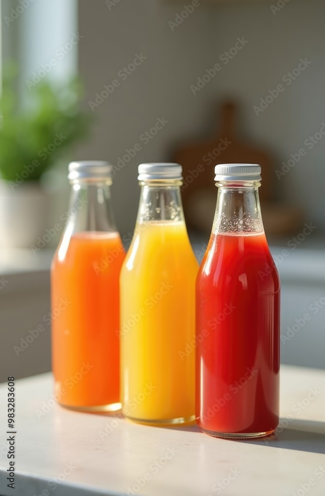 Vibrant fruit juices in glass bottles on sleek counter with natural lighting Vibrant fruit juices in glass bottles on sleek counter with natural lighting