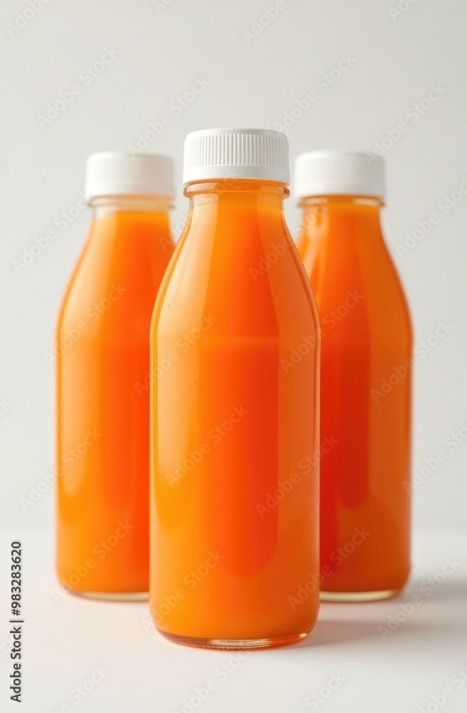 Sleek orange juice bottles in minimalist style on clean white background Sleek orange juice bottles in minimalist style on clean white background