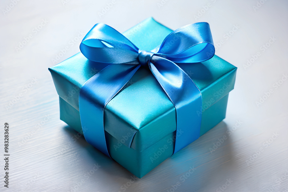 Obraz premium Bright blue gift box tied with satin ribbon on light background