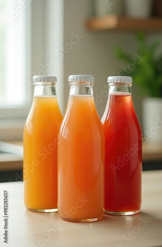 Vibrant fruit juices in glass bottles on sleek counter with natural lighting photo