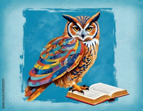 Wallpaper Mural Wisdom and education concept image with a wise owl reading a book on blue background with copy space Torontodigital.ca