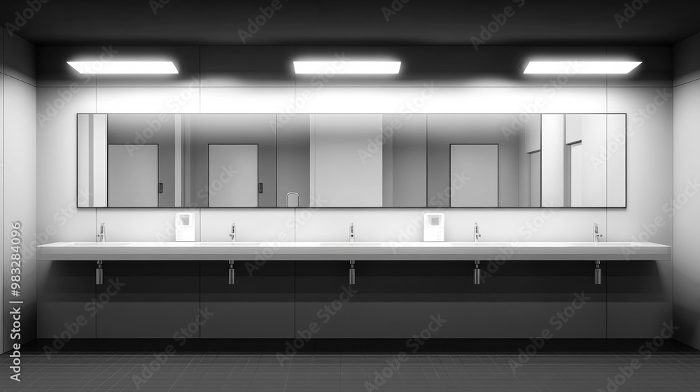 Feature a row of five modern, minimalist sinks. The basins should have clean, rectangular designs, made from porcelain or a matte finish material, mounted on a sleek countertop Feature a row of five modern, minimalist sinks. The basins should have clean, rectangular designs, made from porcelain or a matte finish material, mounted on a sleek countertop