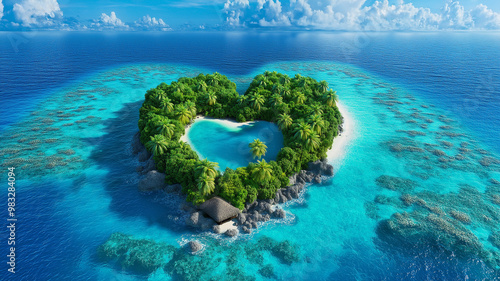 Heart-shaped tropical island surrounded by crystal clear waters