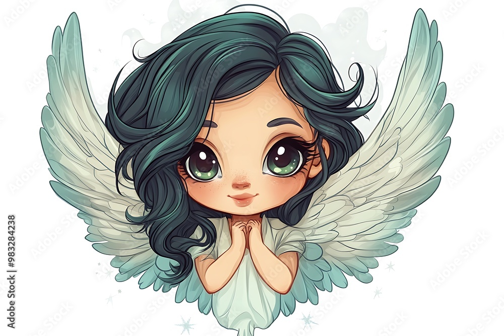 Cute cartoon angel girl with big eyes and wings, digital illustration Cute cartoon angel girl with big eyes and wings, digital illustration