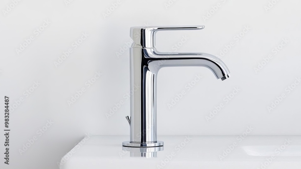 Minimalist chrome sink faucet with a single handle, mounted on a floating vanity, minimalist bathroom fixtures, clean simplicity Minimalist chrome sink faucet with a single handle, mounted on a floating vanity, minimalist bathroom fixtures, clean simplicity