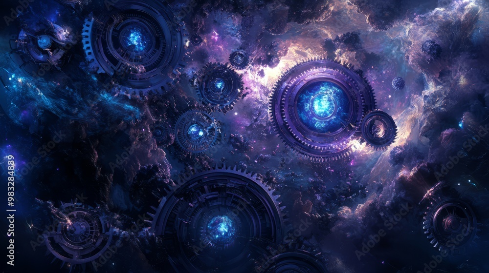 Obraz premium Cosmic Nebula with Celestial Gears and Vibrant Colors
