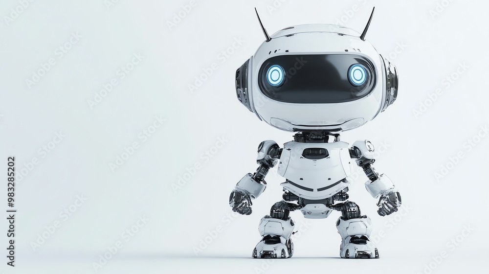 A small, white robot with glowing blue eyes stands on a white background. A small, white robot with glowing blue eyes stands on a white background.