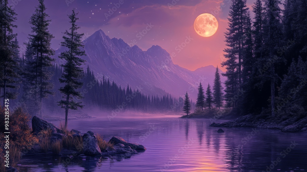 Fototapeta premium Serene Mountain Lake Under a Full Purple Moon
