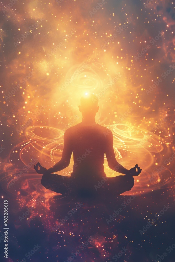A human silhouette in a meditative pose, surrounded by ethereal light and cosmic symbols, embodying personal transformation and divine connection A human silhouette in a meditative pose, surrounded by ethereal light and cosmic symbols, embodying personal transformation and divine connection