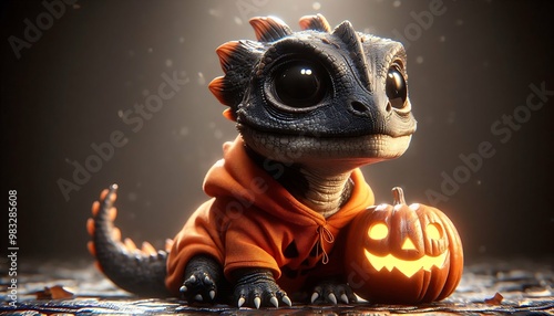 Adorable Reptile in Halloween Pumpkin Hoodie photo