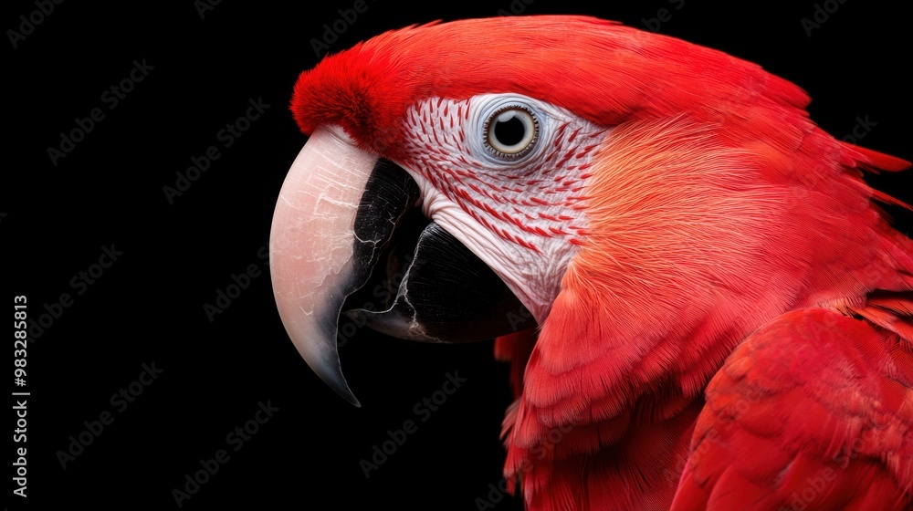 Fototapeta premium A close up of a red parrot with white beak and black background, AI